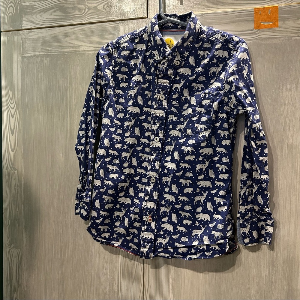 Mini Boden Blue and White Animal Print Button Down Shirt